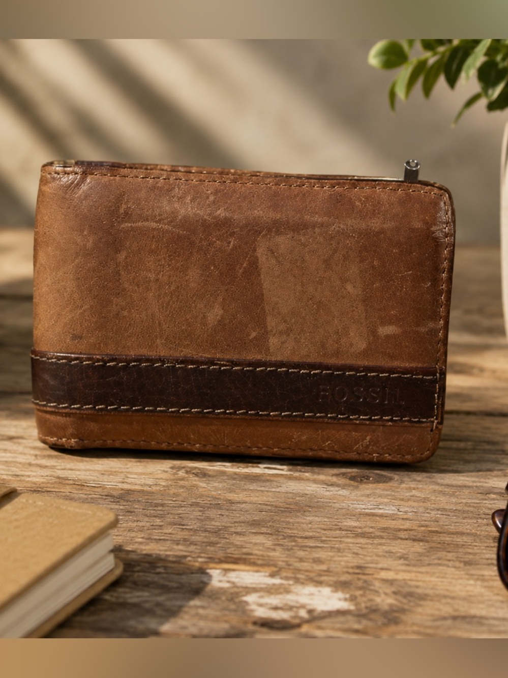 Fossil Brown Leather Bifold Wallet with Money Clip & ID Window